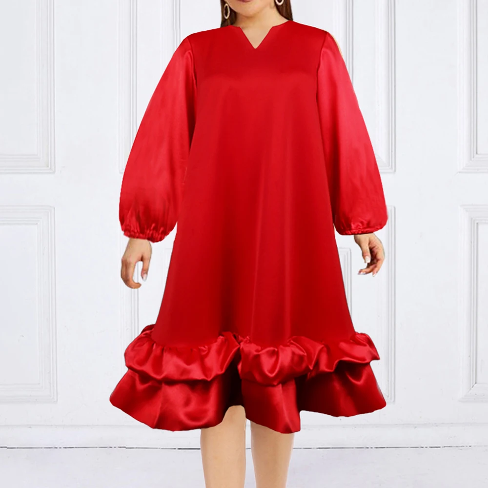 

Sexy V Neck Long Sleeve Cascading Ruffle Patchwork Loose Dress Large Size Patchwork Oversized African Red Evening Party Dress