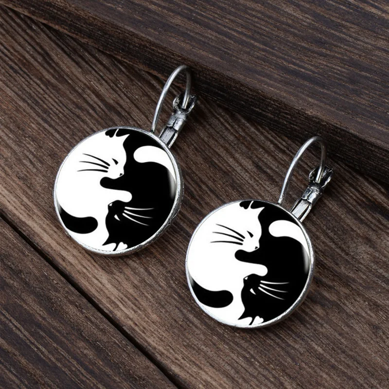Vintage Yin Yang Cats Glass Cabochon Statement Pendant Drop Earrings For Women Females Jewelry Gift Hot Sale | Украшения и