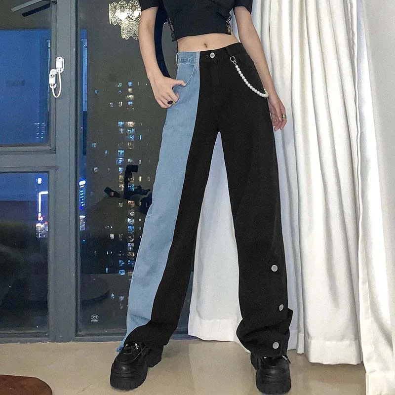 

Korean Streetwear High Waist Hit Color Women Jeans Vintage Patchwork Ulzzang Denim Trousers Women Fashion Denim Wide Leg Pants