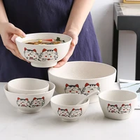 ceramic underglaze cartoon lucky cat tableware rice noodle soup bowl breakfast salad bowl japanese creative kitchen supplies