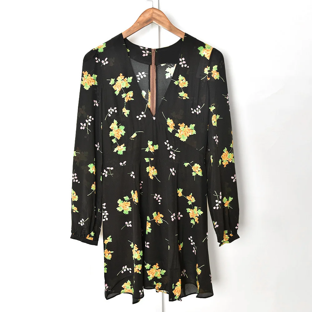 

Women V-Neck Floral Print Mini Dress 2021 Summer Autumn Ladies Slim Waist Holiday Elegant Short Robes Sweet
