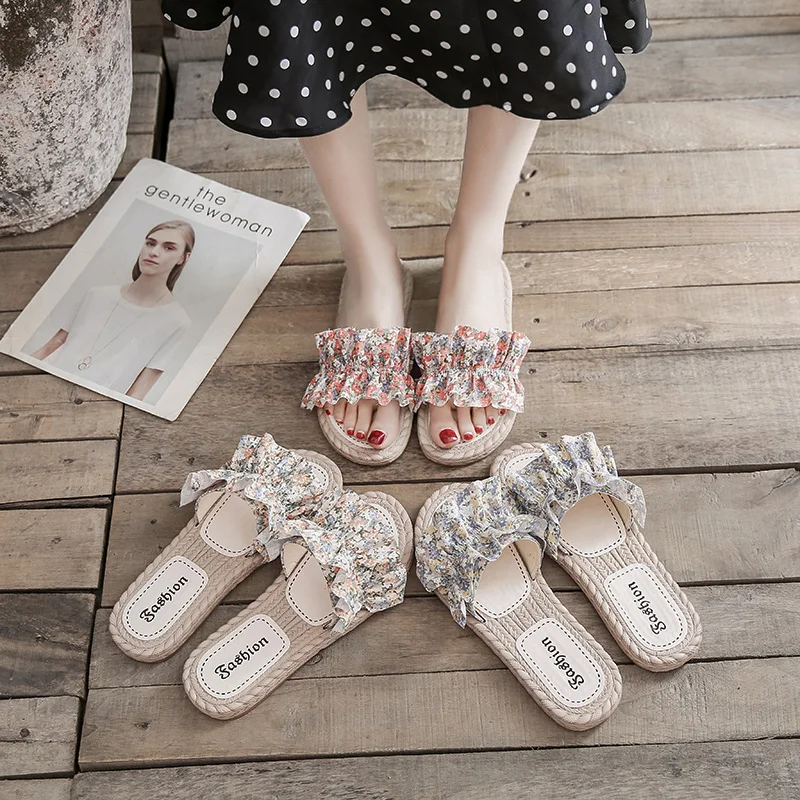 

Flower Shoes Woman 2021 Slippers Flat Luxury Slides Pantofle Summer Designer New PU Rubber Floral Basic Fabric Fashion Cotton