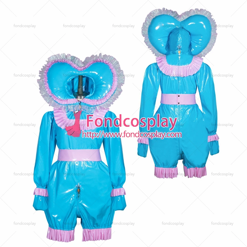 

fondcosplay adult sexy cross dressing sissy maid bonnet French blue thin PVC lockable Romper Jumpsuit panties Tailor-made[G3944]