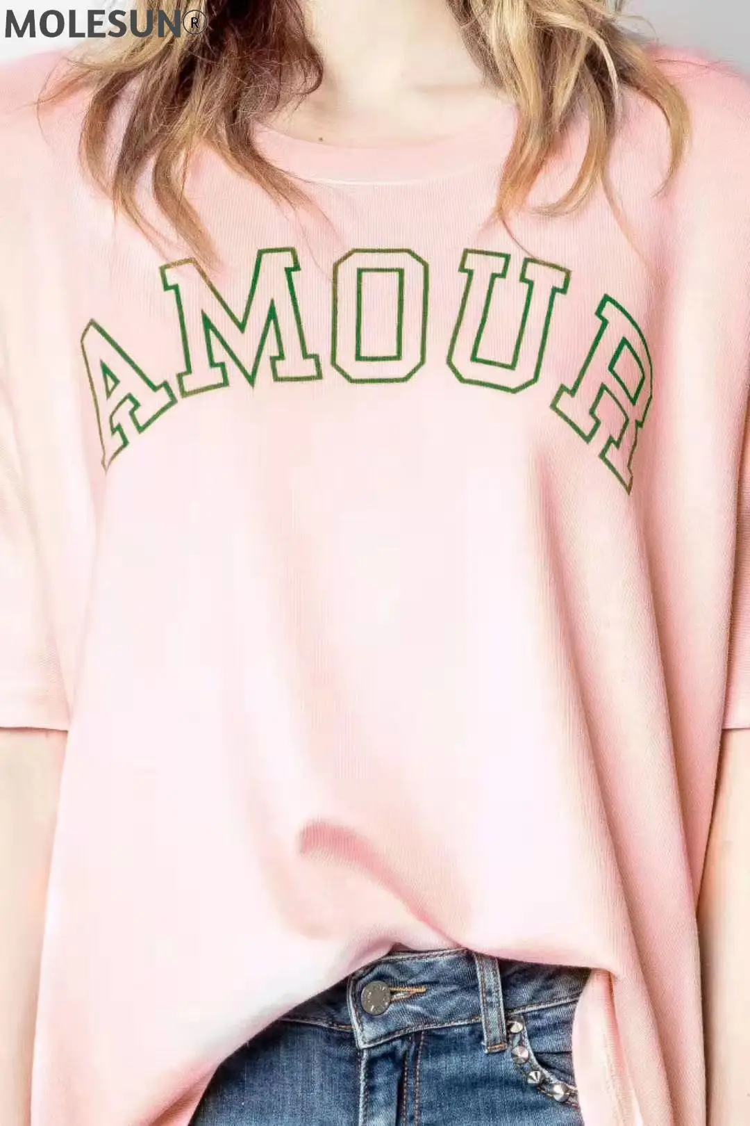 

2021SS New Pink Oversized T-shirt Round Neck Front Letters Print Drop Shoulder Short Sleeves Fashion Tops Tee