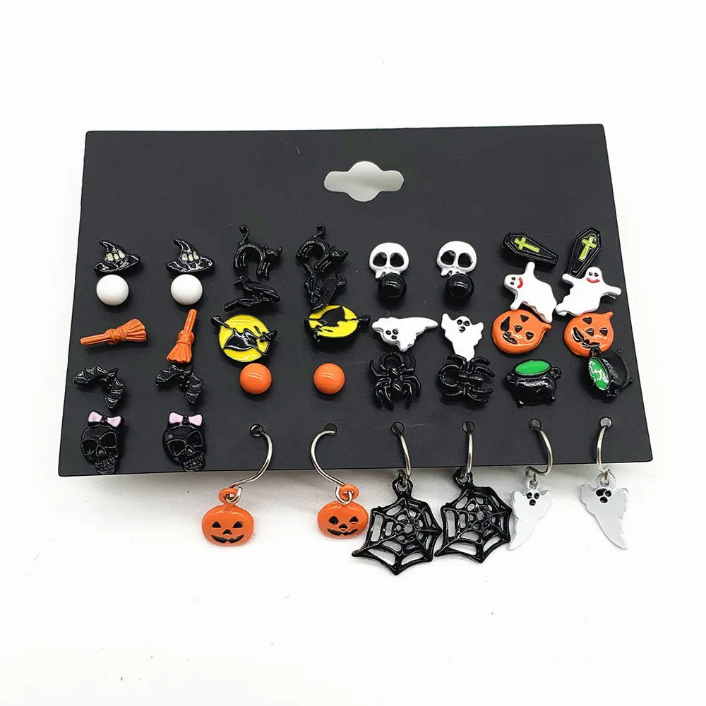 

Christmas Halloween Stud Earring Set Women Bat Pumpkin Lamp Spider Web Skeleton Ghost Cross Pendant Ear Studs Wholesale Jewelry