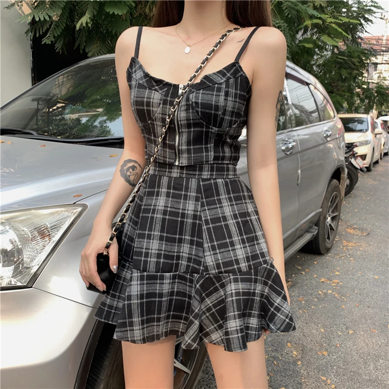 

Fashion Women black plaid 2 Piece Set Bodycon Skirt Crop Tops spaghetti Tank Summer two piece set Bandge gingham Mini Skirt