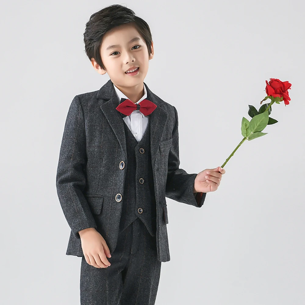 Kids Formal Blazer Suits Set Winter Spring Children Performance Party Outfits Vest Pants Flower Boys Wedding Clothing