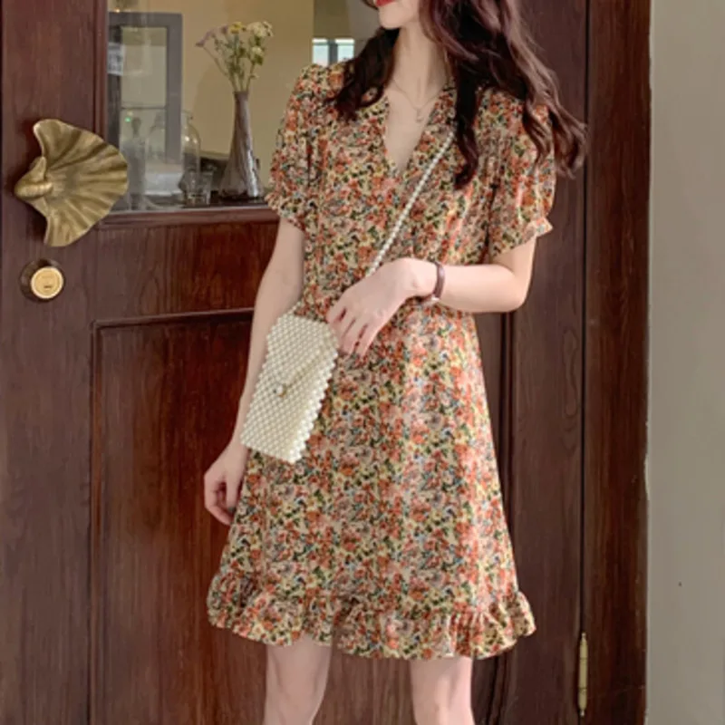 

2021 New Spring Fall Korean Ropa Mujer Girls Boho Party Female Vintage Dress Chiffon Print Short Sleeve Women Dresses Femme Robe