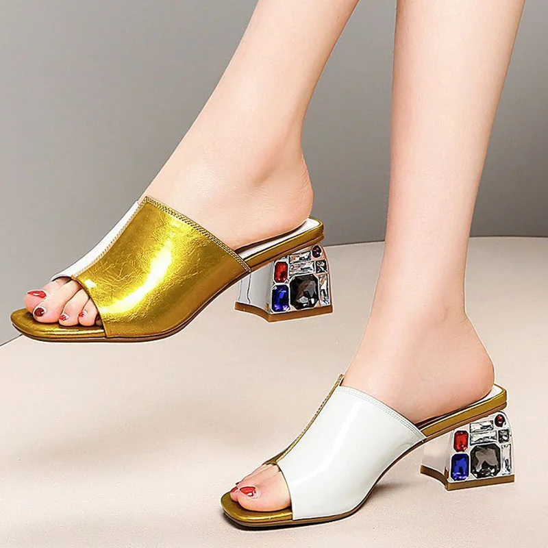 

Women Slippers Mid Heels Crystal Heel Female Sandals 2021 Square Head Peep Toe Ladies Party Fashion Shoe Mixed Color Elegant New