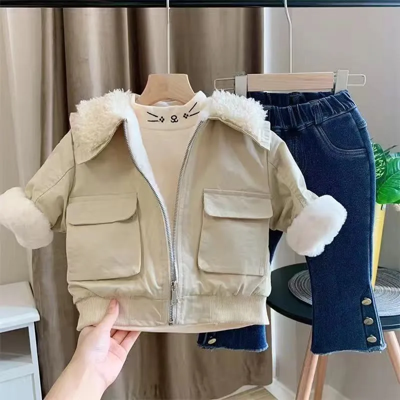 

New Spring Winter Girl Coat Jackets Warm Lapel Clothing Kids Teenage Children Tops Thicken High Quality Lamb Wool Hot Sale