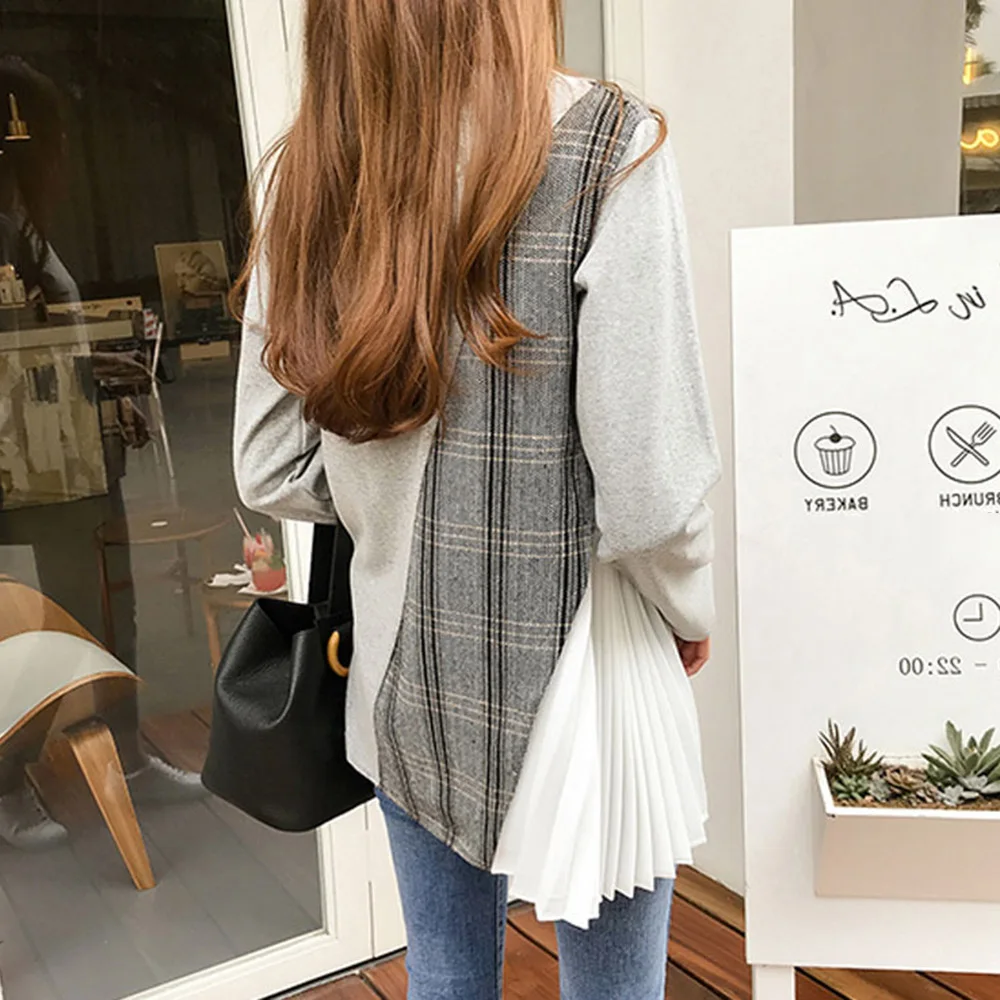 

Korean Version Japanese T-Shirt Fashion Temperament Irregular Lattice Splicing Round Neck Long Sleeve Coat