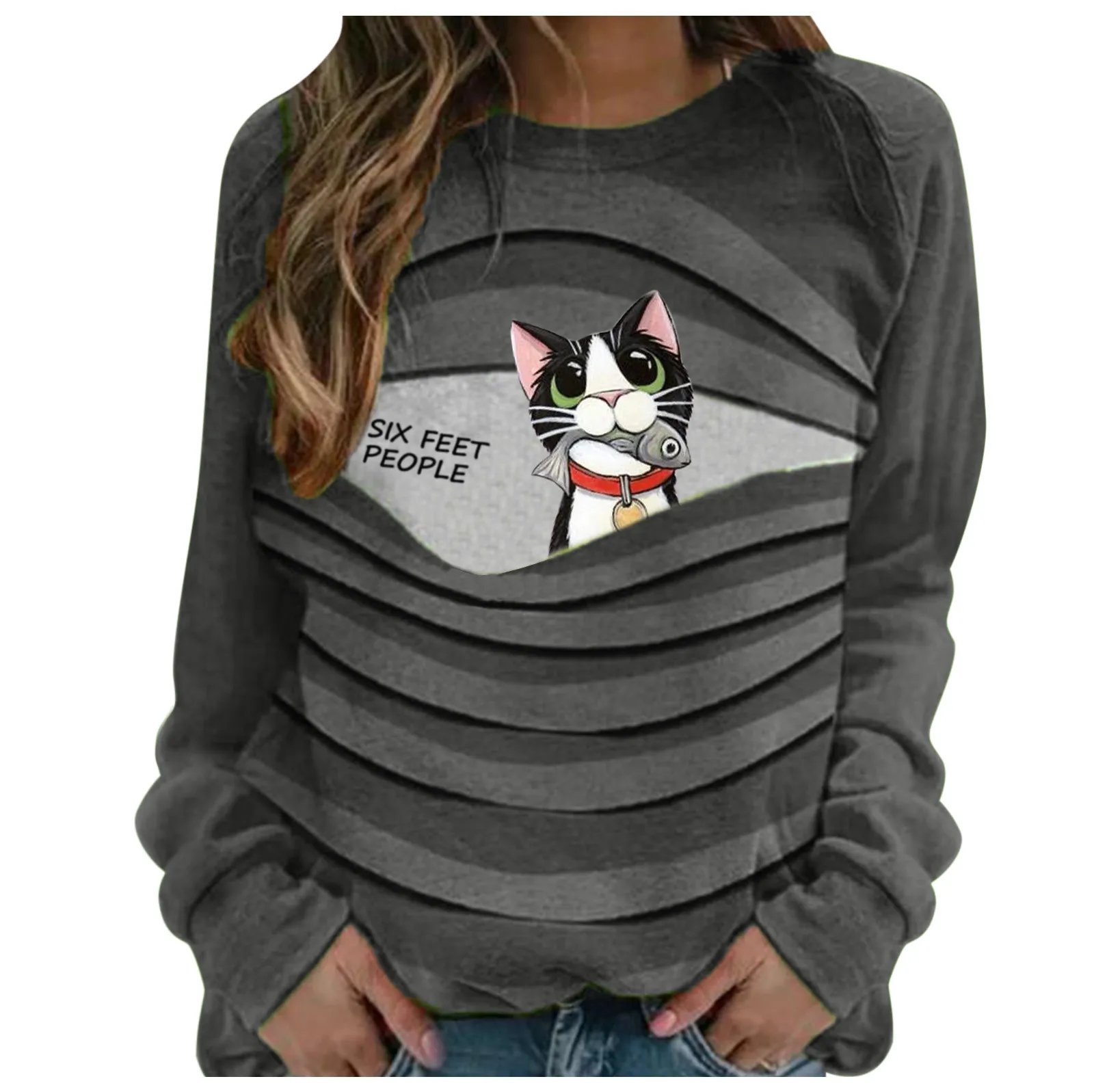 

# Pullover Women Women Casual Long Sleeve Cat Printing O-neck Loose Shirt Patchwork Pullover Tops