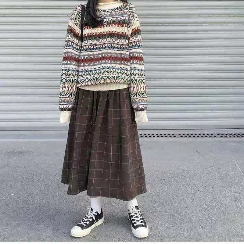 

HOUZHOU Vintage Plaid Skirt Women High Waisted A-line Long Skirts Autumn Japanese Style School Girls Harajuku Streetwear Casual