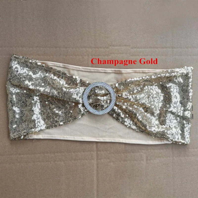 Champagne Gold WedFavor 100 шт. Свадебные блестки на стул с бантом и поясом лайкра спандекс блестящая повязка на стул галстук с круглой пряжкой вечерние украшения для мероприятий - Цвет: Champagne Gold