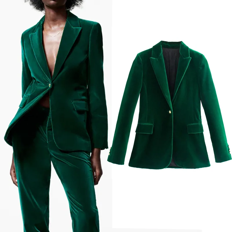 

Женский бархатный костюм из 2 предметов, Классический офисный костюм с зеленым блейзером и элегантными брюками с высокой талией, 2021