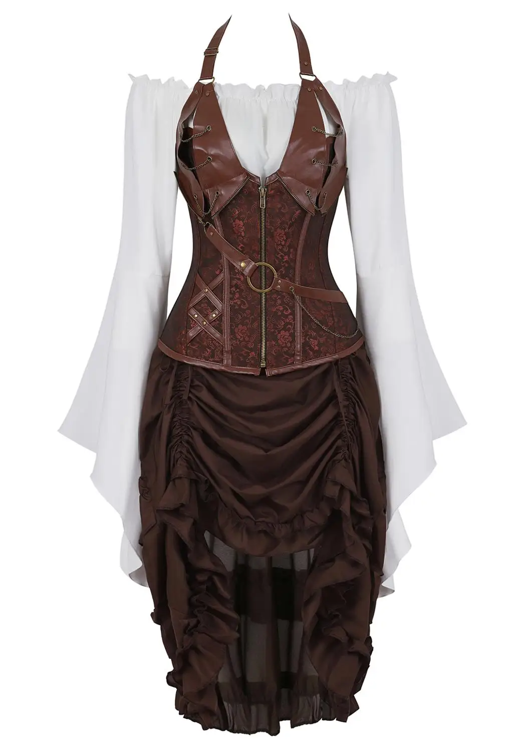 

Corset Steampunk Dress Bustiers Corset Skirt Three-Piece Leather Pirate Lingerie Corsetto Irregular Burlesque Plus Size Brown