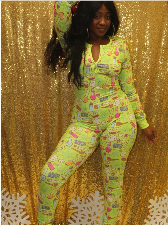 Женская пижама комбинезон для сна осенний Облегающий с длинным рукавом и V