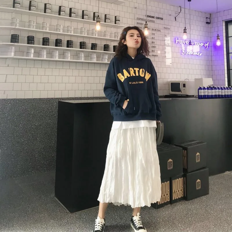 

Casual Mid-Calf A-Line Elastic Waist Pleated White Skirt Korean Fashion Spring Summer 2021 Skirts for Girls Young Style
