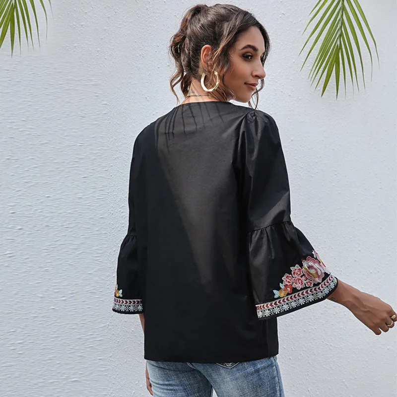 

O-neck Women's Flower Embroidery Ruffled Three-quarter Sleeve T-shirt Flare Sleeve Black Shirt Women Clothing