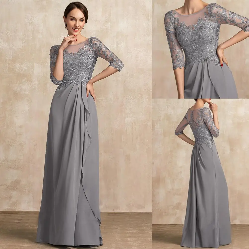 

Grey Chiffon Mother Of The Bride Dresses O-Neck Half Sleeves Applique Lace Ruched Wedding Guest Groom Mothers Prom Gowns New