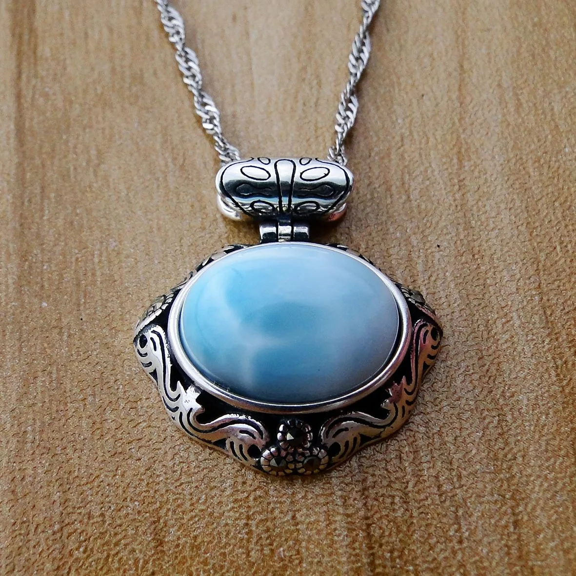 Silver Larimar Jewelry High Quality Oval Cut 12x16mm Natural Larimar Pendant Necklace