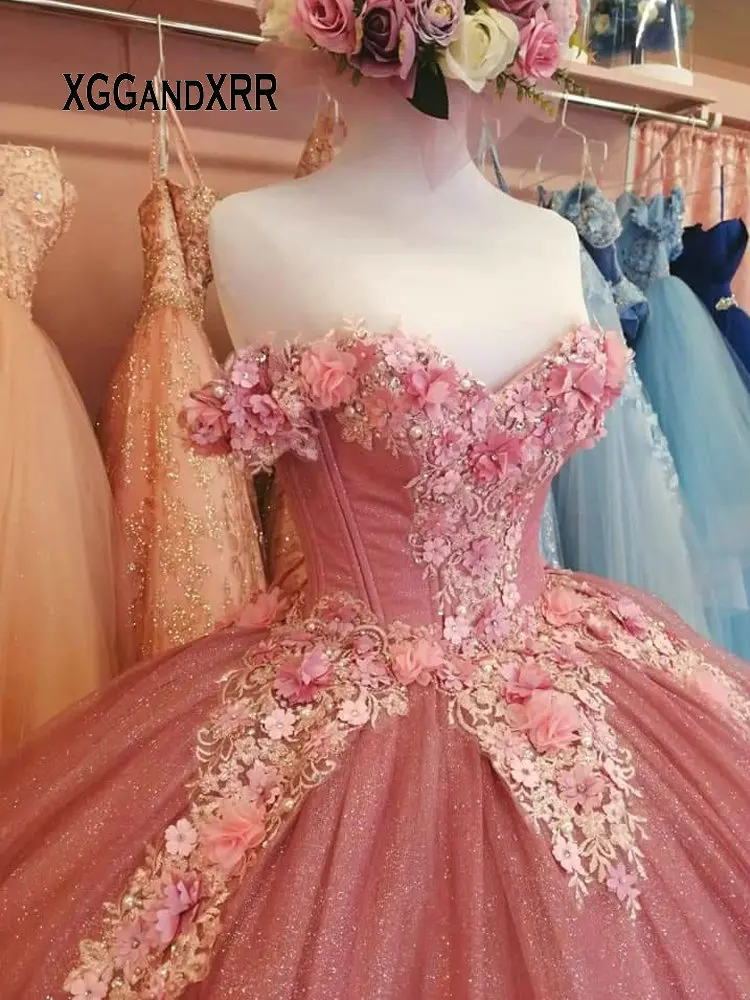 

Sexy Sweetheart Long Pink Quinceanera Dresses 2021 Sweet 15 Tulle Princess Dress Girl Prom 16 Sparkly Ball Gown Party Dress