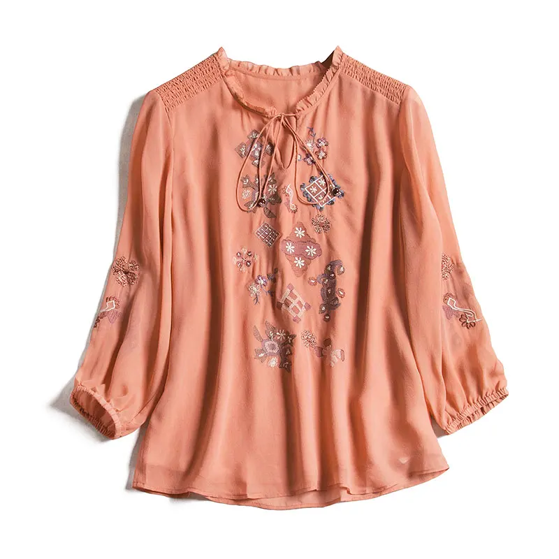 

Indie Folk Embroidery Geometric Women Shirt BlouseThree Quarter Lantern Sleeve Luxury Woman Shirt Camisas Femininas Elegantes
