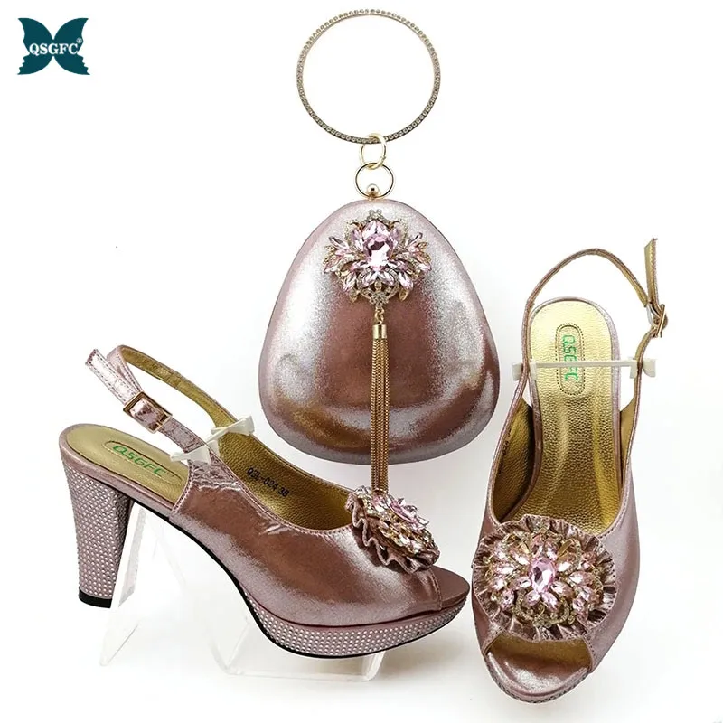 

New Arrival Pink Color Italian Design Nigerian Fashion Elegant Party Wedding Ladies Shoes and Bag Set Decorated With Rhinestone