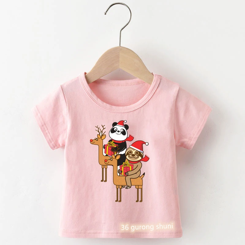 

Kawaii Girls T-Shirt Cute Sloth And Panda Christmas Cartoon Print Tshirt For Kids Christmas Clothes T Shirt Baby Girls Tshirt