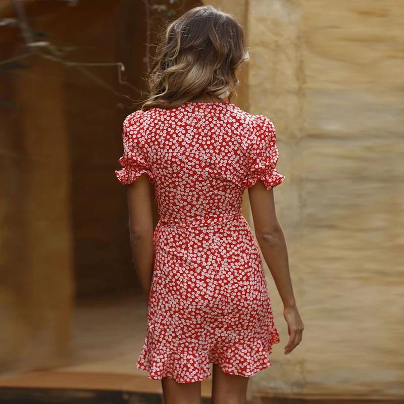 

Summer Red Dress 2021 for Women Floral Printed Butterfly Sleeve Deep V Ruffles Wrap Dress Sexy Party Female Vestidos New Arrival