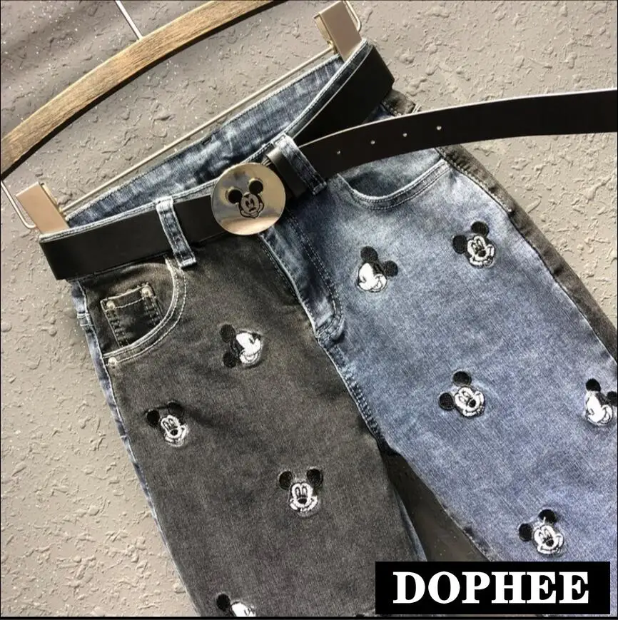 

Spring/summer 2020 New Heavy Cartoon Mouse Embroidered Jeans Personality Student Harem Trouser Women Slim Denim Pants