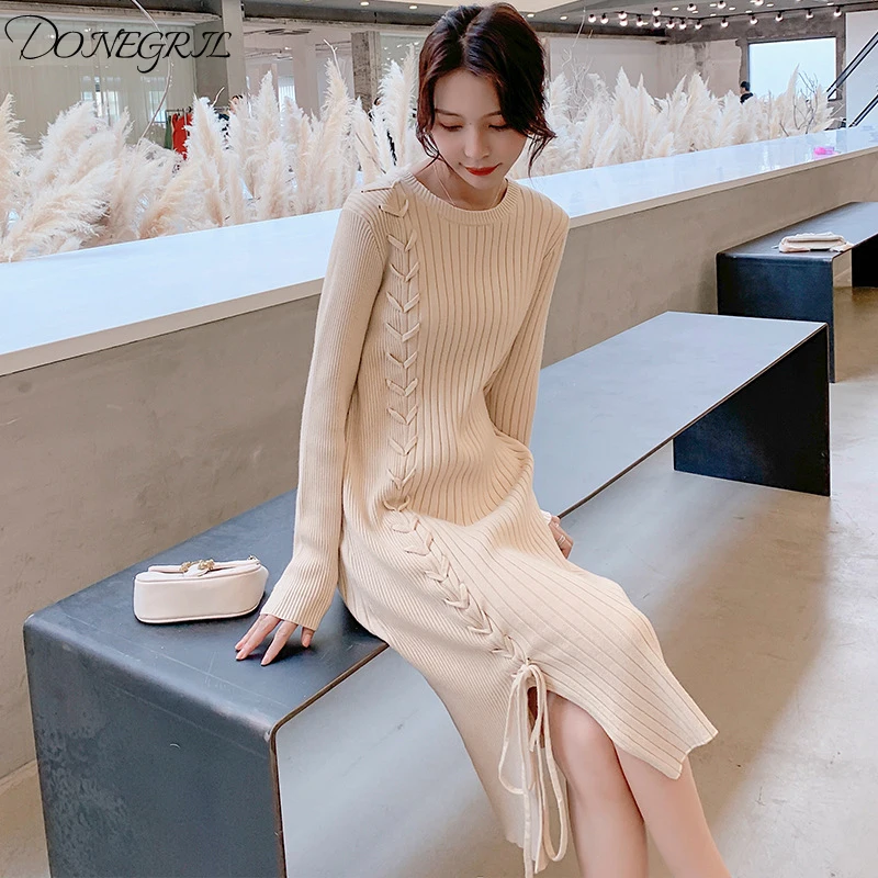 Модный тонкий кружевной осенне зимний облегающий вязаный свитер миди платье