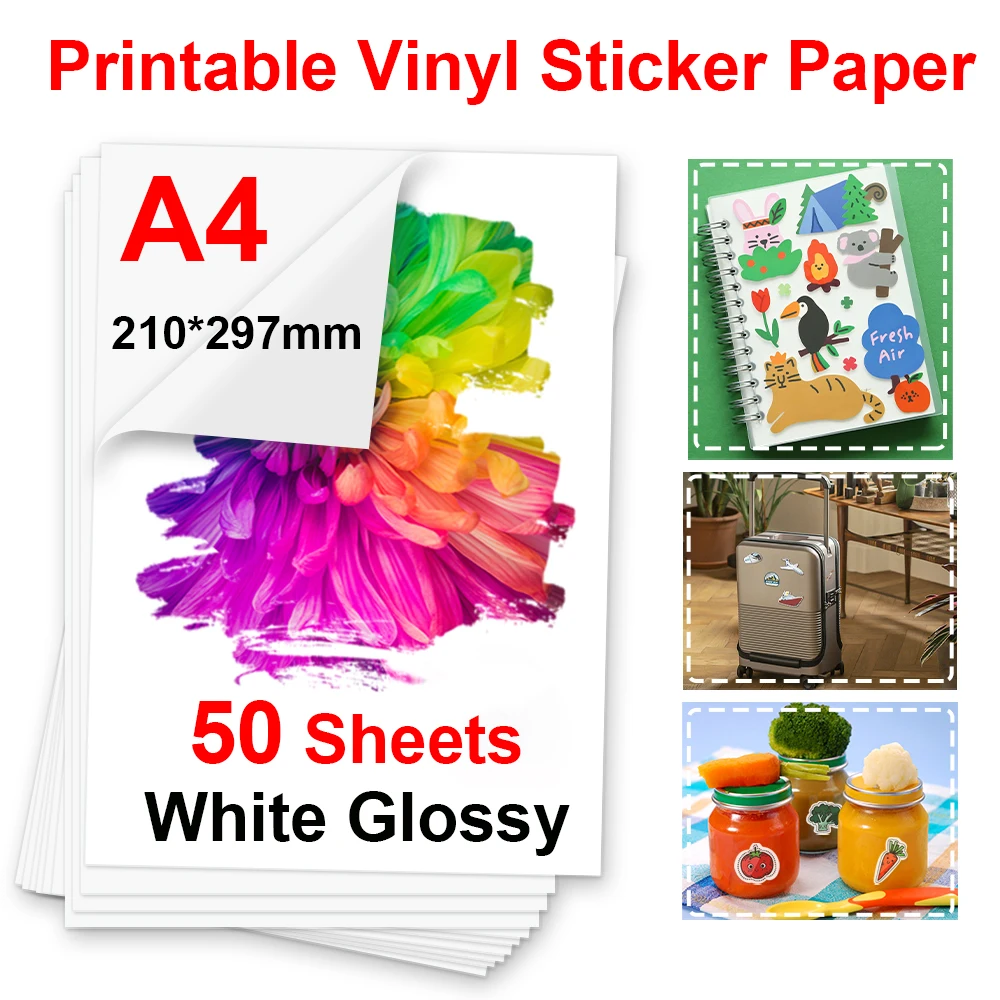 50 Sheets A4 Transparent Printable Vinyl Sticker Paper Waterproof White Holographic Vinyl Label Sticker for All Inkjet Printer