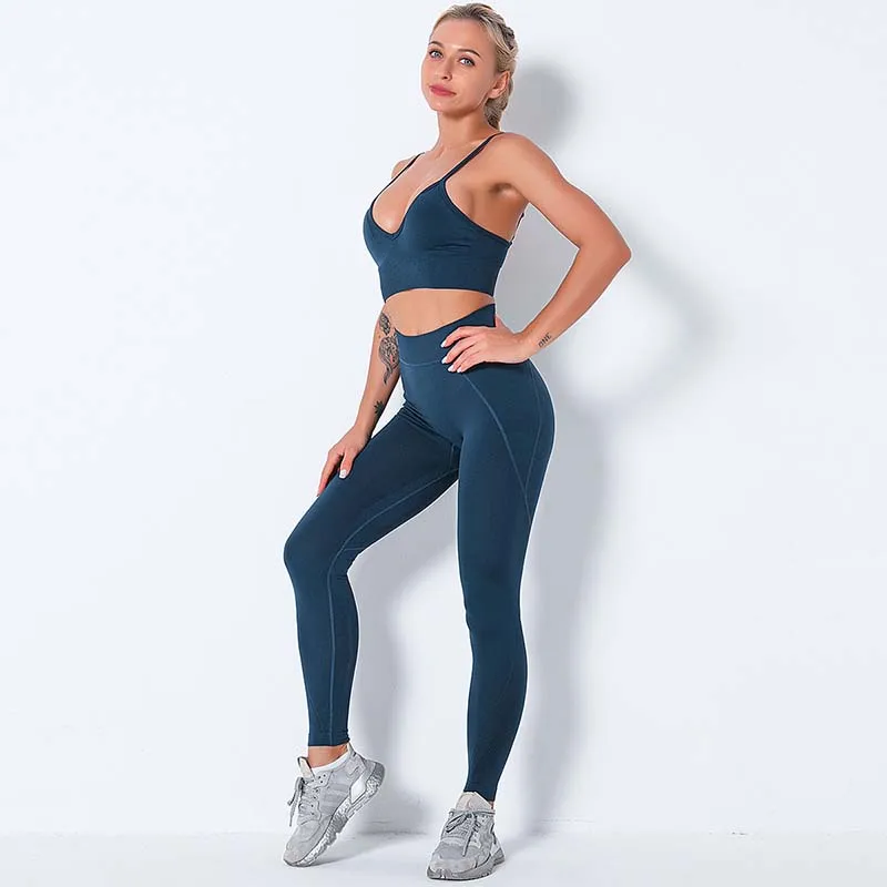 

NORMOV Women Knit Seamless Sets Sexy Sleeveless Gather Push Up Bras Set Female Elastic Workout High Waist Fitness Two-Piece Suit