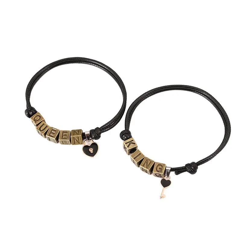 2 pcs 2 шт./компл., Винтаж буквы King queen Браслеты модные креативные парные Браслеты ключом и замком, Парные браслеты подарки для Для женщин - Окраска металла: 2 pcs