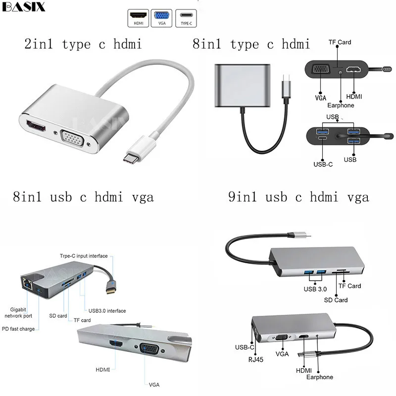 Basix USB C концентратор USB-C к HDMI VGA адаптер Thunderbolt 3 тип-c PD TF 3,5 мм считыватель слот USB3.0 концентратор для MacBookPro huawei P20 Pro