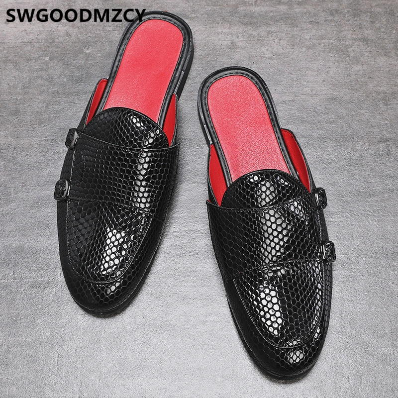 double monk strap shoes men leather half shoes for men mule masculino Coiffeur men half shoes zapatos de hombre casuales cuero