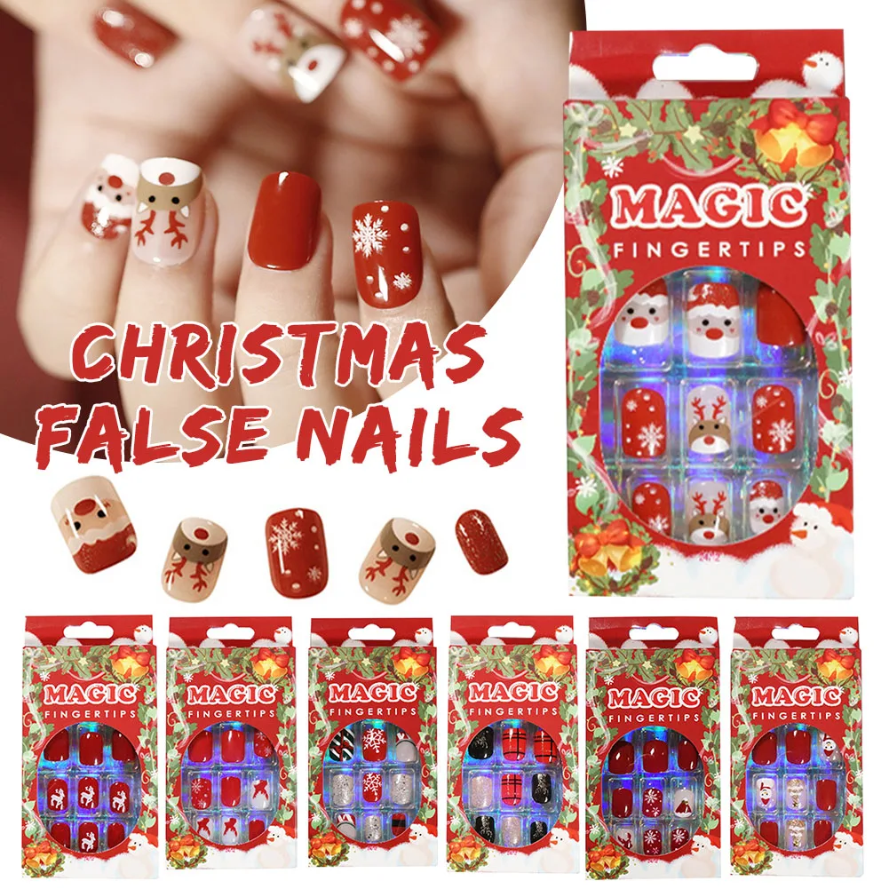 

Christmas False Nails Full Cover Short Nails Press on Snowflakes Tree Nails Art for Christmas Party Date Carnival