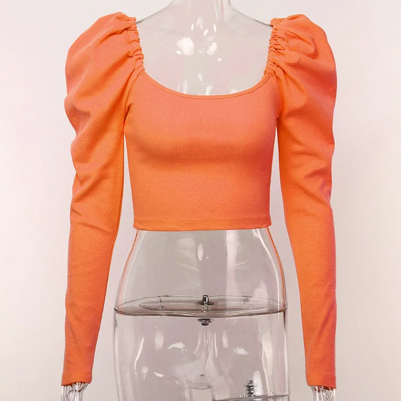 Модные однотонные женские осенние Рубашки Блузки с рукавами-фонариками