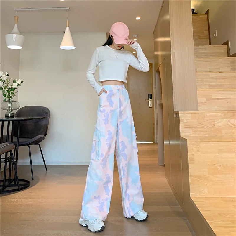 

Women Cargo Pants Tie Dyed Slacks 2021 Spring Autumn Fashion Female Loose Harem Pant BF Streetwear Harajuku Straight Trousers