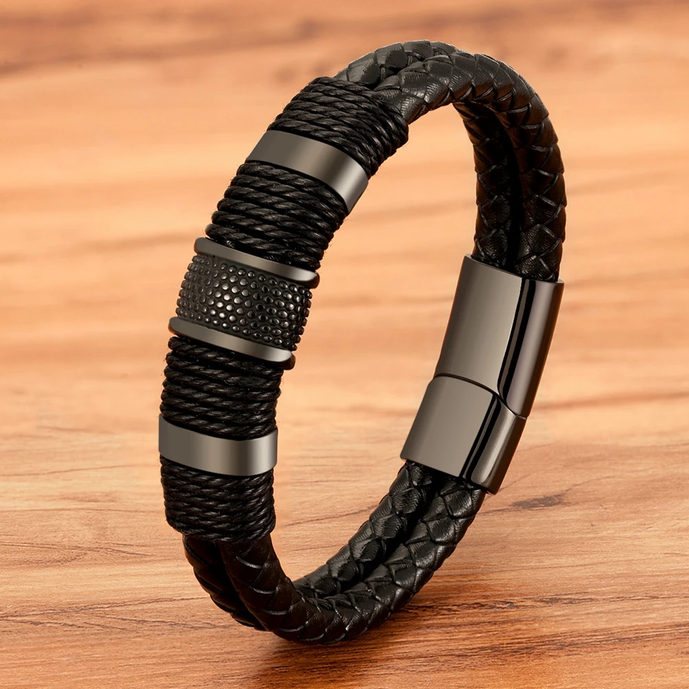 

Woven Leather Rope Wrapping Special Style Classic Stainless Steel Men's Leather Bracelet Double-layer Design DIY Customization