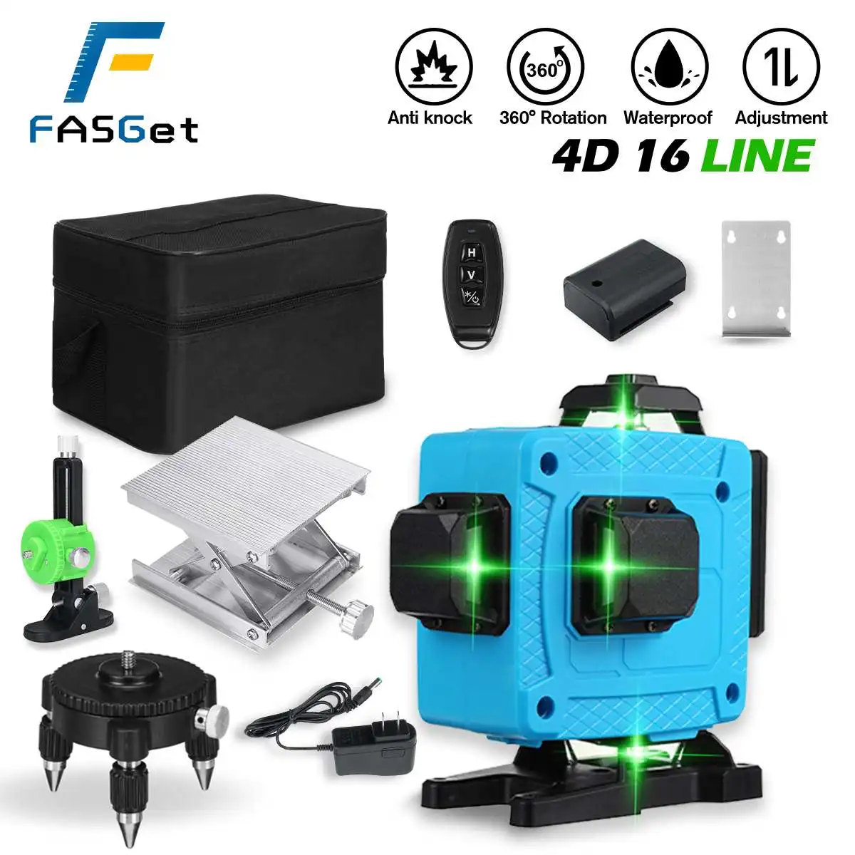 

FASGet 4D 16 Lines Laser Level Self-Leveling Wireless Remote 360 Horizontal Vertical Cross Lines With Battery Wall Bracket Laser