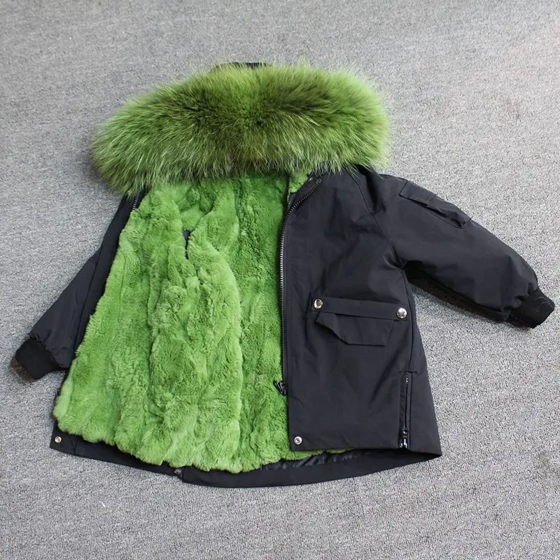 black green fur Для маленьких мальчиков детская зимняя куртка, детская куртка-пуховик для девочек зимняя куртка для детей в Зимняя куртка для девочек и мальчиков детские линией натурального меха кролика, парка, пальто - Цвет: black green fur
