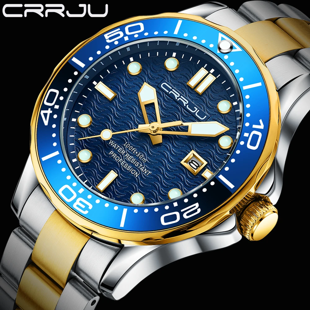 CRRJU-reloj deportivo de lujo para hombre, cronógrafo de pulsera de cuarzo con manecillas luminosas de acero inoxidable, nuevo