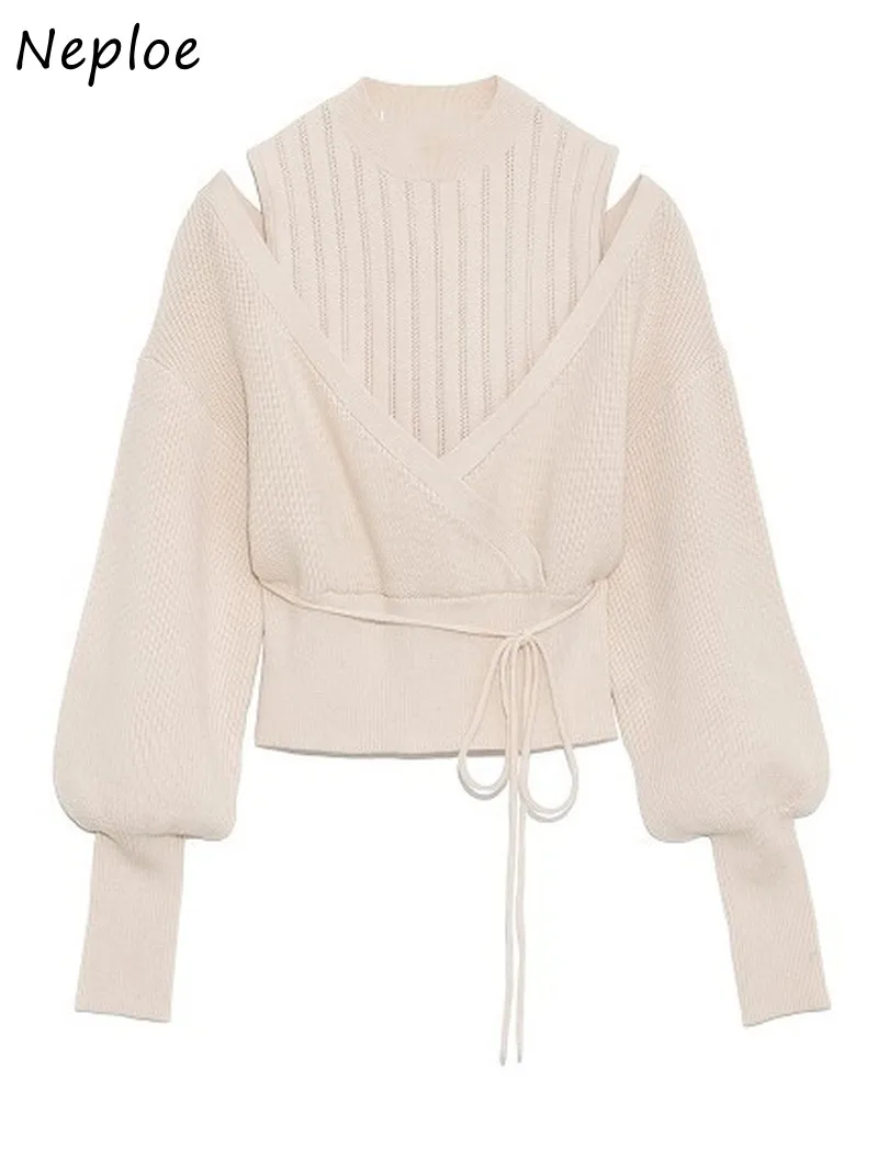 

NEW Turtleneck Drawstring Puff Sleeve Knitted Sweaters Sweet Loose Shoulder Strapless Women Tops Autumn Winter NEW Pullovers