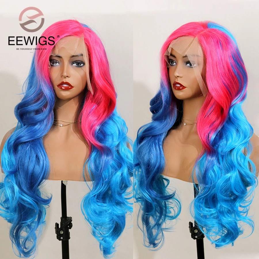 EEWIGS 2" длинные волнистые 13x4 синтетический парик фронта шнурка Glueless розовый Ombre синий парики термостойкие боковая часть 3 тона цвет парик волос