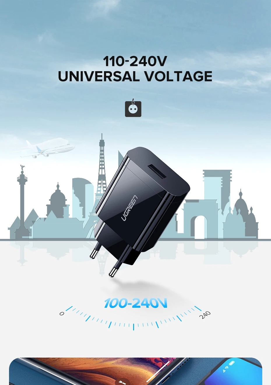 Ugreen Телефона Qualcomm Быстрая Зарядка 3.0 18 Вт Быстрое Зарядное Устройство USB(быстрая Зарядка 2.0 Совместимый) для Samsung Xiaomi 5 Huawei lg