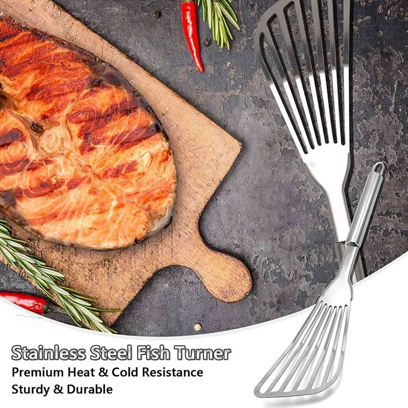

Fish Spatula, 2 Pack Stainless Steel Fish Turner 12.5 Inch Kitchen Cookie Spatula with Brushed Stainless Handle