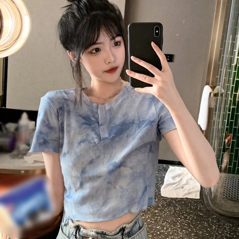 

Women Tie Dye Print Short Style T-shirt Summer O Neck Short Sleeve Harajuku Tee Top Streetwear