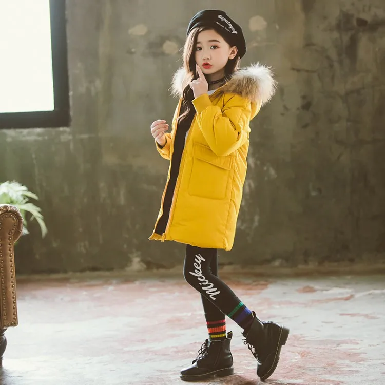 Fashion Children Winter Down Cotton Jacket Girl Clothing Kids Clothes Warm Thick Parka Fur Collar Hooded Long Coats Outfits